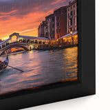 Black wall art featuring a textured gondola on vibrant water, framed canvas, ideal for a living room.