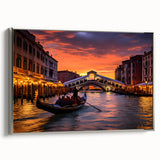 Vintage poster art of a colorful gondola on a black background, framed canvas, ideal for living room decor.