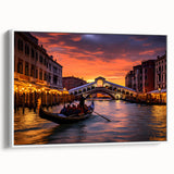 Framed canvas depicting a vintage-style gondola on a calm river, in muted black and gray tones, ideal for bedroom wall art.