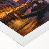 Art deco poster of a gondola on calm waters, in muted blue and gray tones, printed on rolled canvas.