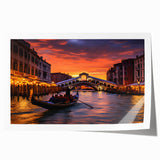 Gondola on a serene waterway, rendered in soft blue and gray tones on a large rolled canvas, fitting for dining room decor.