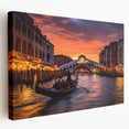 Venetian gondola on calm water, depicted in muted blues and grays on stretched canvas, suitable for kitchen wall art.