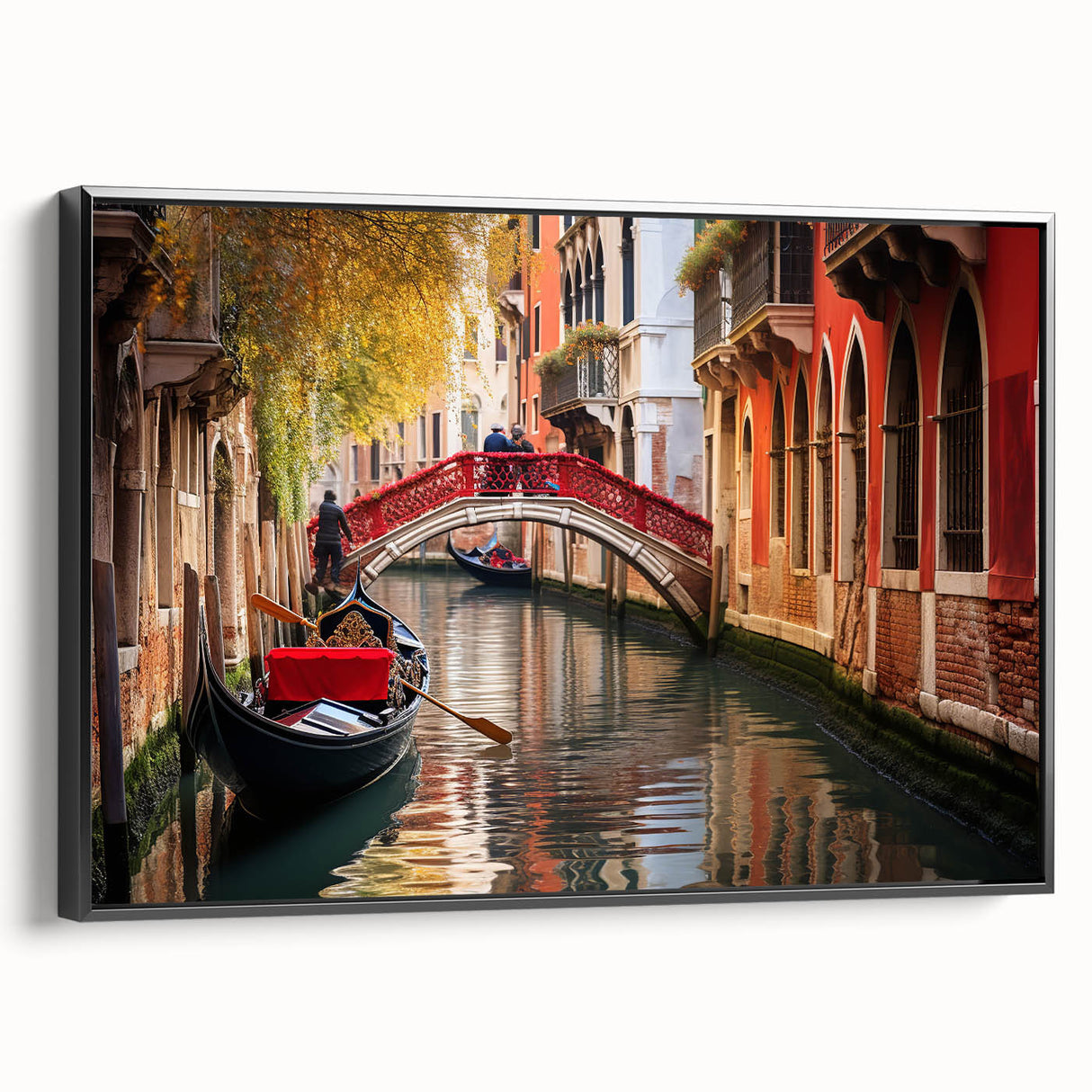 Black and white framed canvas of a vintage gondola in a serene landscape, ideal for bedroom wall art.