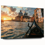 Acrylic print of a gondola on calm waters in muted blue and gray tones, ideal for bedroom or dining room art.