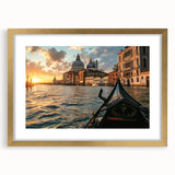 Textured art print of an abstract gondola on water, in muted blue and gold tones on a framed canvas, ideal for bedroom art.