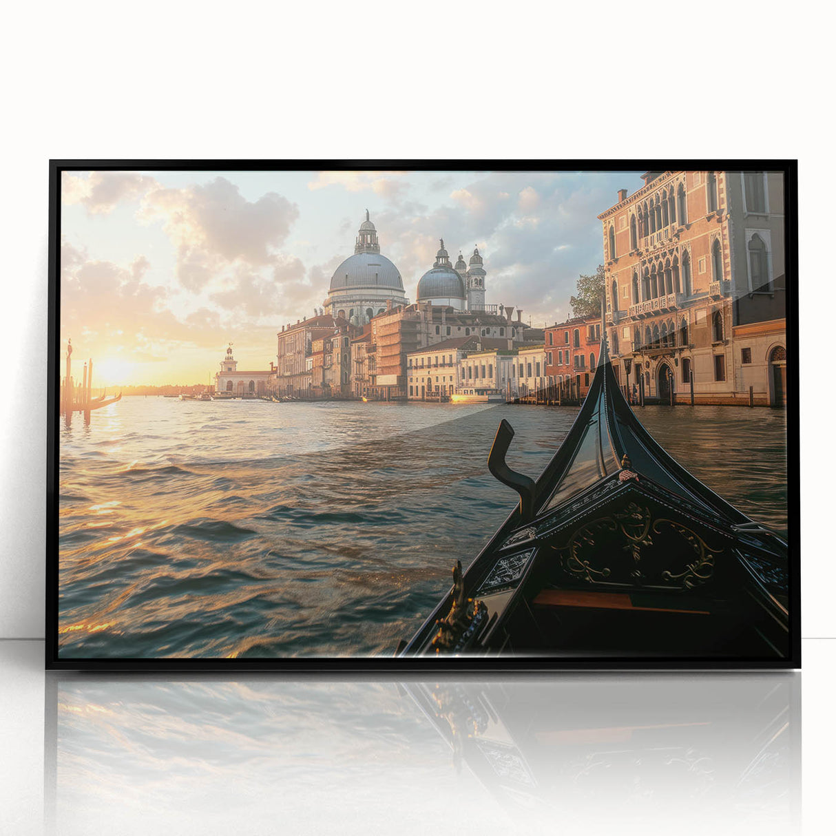 Large abstract wall art featuring a stylized gondola in black and white tones, acrylic print in a black frame.