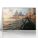 Framed acrylic print of a mid-century modernist gondola on a canal, in muted blue and gray tones, ideal for nursery wall art.