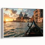 Framed canvas featuring a vintage-style gondola on a muted black and gray landscape, ideal for bedroom wall art.
