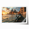 Extra large rolled print of a gondola on a serene waterway, in muted blue and gray tones, suitable for dining room wall art.