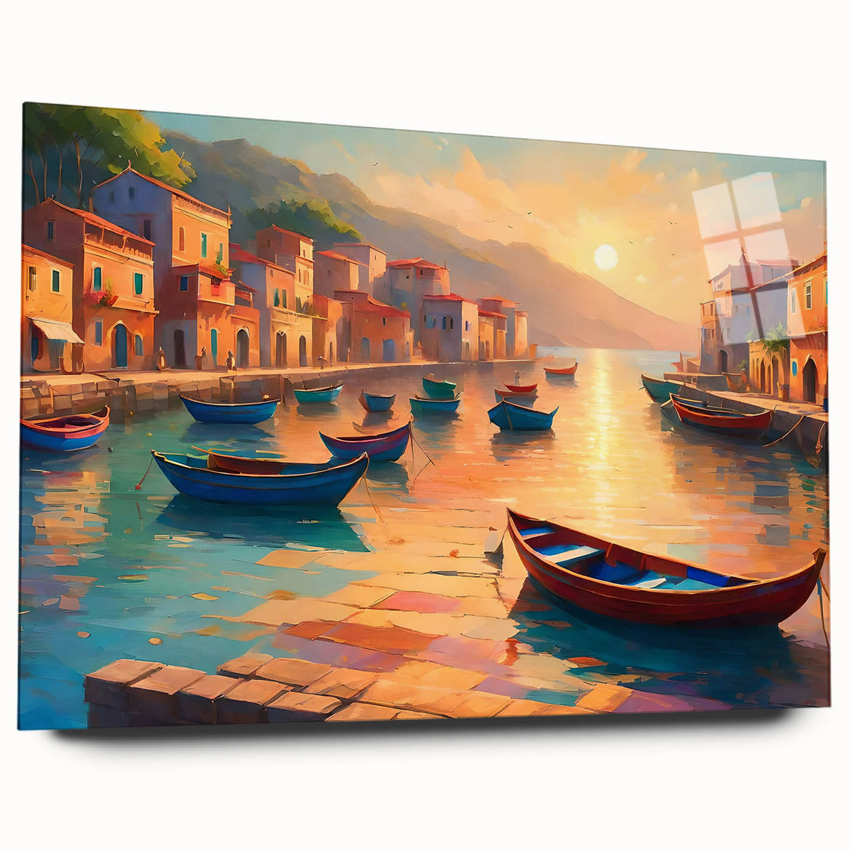 Acrylic print of a large abstract gondola in shades of blue and gray, suitable for bedroom or dining room decor.