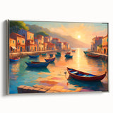 Vintage poster art of a gondola in muted black and colorful accents on a large framed canvas, ideal for living room decor.