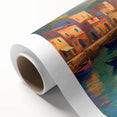 Art deco style poster of a gondola on calm waters, rendered in soft blue and gray tones on rolled canvas.