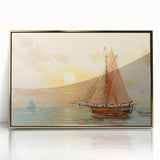 Mid-century modernist art of a rowboat in muted earth tones on a framed acrylic, ideal for nursery wall decor.