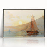 Art deco poster of a silver-framed acrylic print depicting rowboats, in muted blue and grey tones.