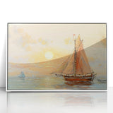 Mid-century modernist art print of a rowboat in muted blue and white tones, acrylic framed, ideal for nursery wall art.