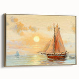Framed canvas depicting a vintage rowboat in a landscape, with a palette of black and colorful art, ideal for office decor.