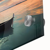 Abstract rowboat design in muted earth tones on acrylic glass, suited as large art print for dining room ambiance.