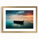 Textured abstract art print of a rowboat in muted blue and gray tones, framed in gold, ideal for bedroom wall decor.