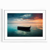 Abstract art print of a rowboat in textured grays and blues on a large framed canvas, ideal for living room decor.