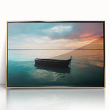 Mid-century modernist art depicting a solitary rowboat, framed acrylic with gold details, suited for modern art wall decor.