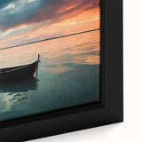 Extra large framed canvas featuring a close-up of a black rowboat with textured, colorful art, ideal for living room decor.