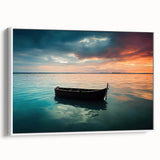 Framed canvas featuring a vintage poster of a landscape with a rowboat, rendered in black and white tones.