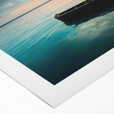 Art deco poster of a rowboat on calm waters, in muted blue and gray tones.