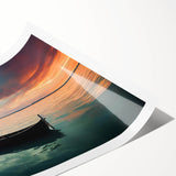 Extra large wall art featuring a rowboat in muted earth tones on a rolled print, ideal for large living room decor.