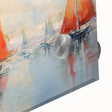 Acrylic print of a large abstract rowboat in blue and gray tones, ideal for dining room art in a mid-century modernist style.