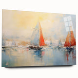 Acrylic print of a side-view rowboat, featuring neutral gray and blue tones, ideal for bedroom or dining room art.