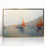 Mid-century modernist art depicting a rowboat in muted blue tones on a gold-framed acrylic, ideal for nursery wall art.