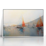 Framed acrylic print of a rowboat on water in muted blue and white tones, ideal for modern art wall decor.