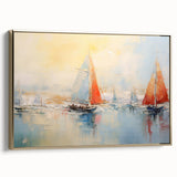 Framed canvas depicting a vintage rowboat on a lake, using a palette of muted grays and blues.