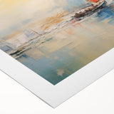 Art deco poster of a vintage rowboat, in muted blues and greys, on rolled canvas, ideal for dining room wall decor.