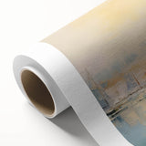 Art deco poster of a rowboat in calm waters on rolled canvas, using soft blue and gray tones, ideal for nursery wall art.