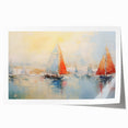 Rowboat on calm water, subtle gray and blue tones on a rolled canvas print, suitable for dining room decor.