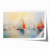 Rowboat on calm water, subtle gray and blue tones on a rolled canvas print, suitable for dining room decor.