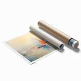 Extra large rolled print of a rowboat on a calm lake, rendered in soft blue and gray tones.
