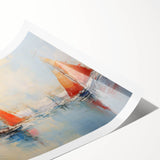 Extra large wall art featuring a line art design of a rowboat on muted blue and white tones.