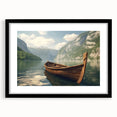 Abstract art print of a rowboat in vibrant colors on a textured canvas, framed in black, suited for large living room walls.