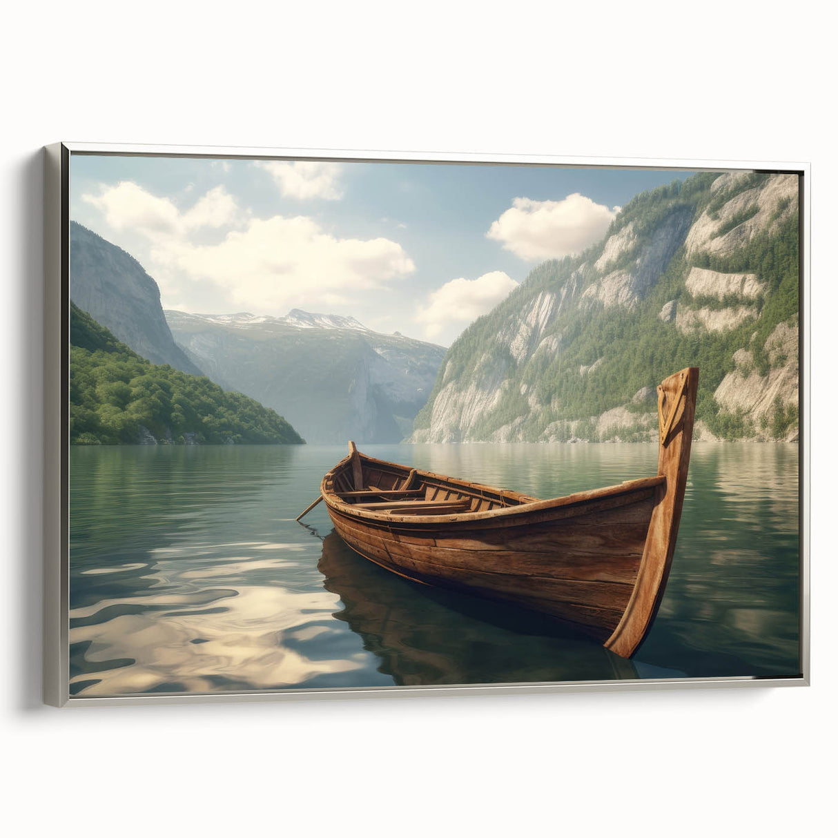 Vintage poster art of a rowboat on water in black and colorful art tones, framed canvas, ideal for living room decor.
