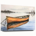 Acrylic print of a rowboat on calm water in muted blue and gray tones, ideal for dining room decor.