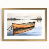 Textured art print featuring an abstract rowboat in muted blue and gray shades on a gold-framed canvas.