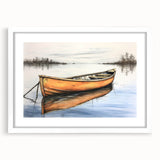 Extra large abstract art print of a rowboat, in muted blues and grays on a white framed canvas, ideal for living room decor.