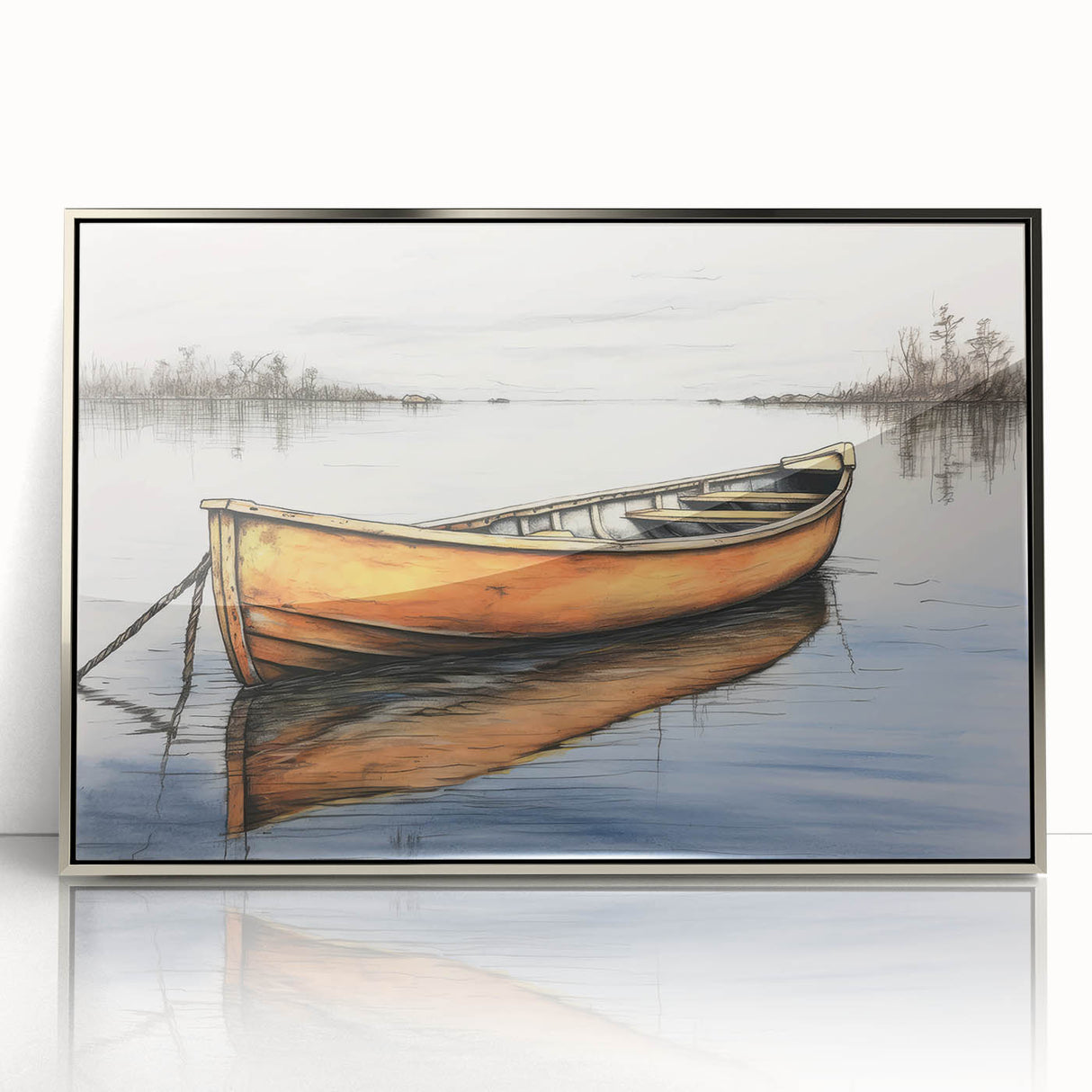 Art deco poster of a rowboat in calm waters, with muted blue and gray tones, framed in silver acrylic.
