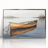 Art deco poster of a rowboat in calm waters, with muted blue and gray tones, framed in silver acrylic.