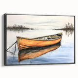 Black and white framed canvas of a vintage rowboat on water, ideal for bedroom wall art.