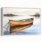 Framed canvas depicting a vintage black rowboat on a serene lake, ideal for bedroom wall art.