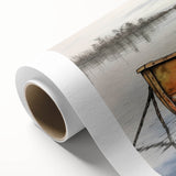 Art deco poster of a rowboat on calm waters in muted blue and gray tones, printed on rolled canvas.