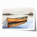 Rolled print of a rowboat on a calm lake in muted earth tones, suitable for dining room or bathroom decor.